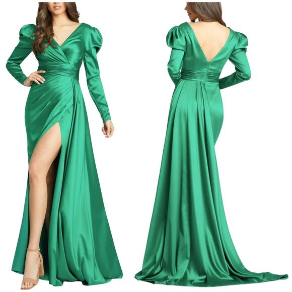 Mac Duggal NWT Green Satin Faux Wrap Puff Shoulder Long Sleeve A-Line Gown Sz 4 - Picture 1 of 9